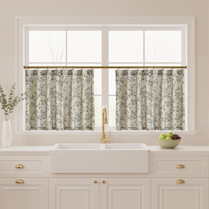 StangH Cottage Floral Tier Curtains 24 inches, Natural Linen Pinch Pleat Butterfly Cafe Curtains, Light Filtering Privacy Drapes for Kitchen/Bathroom, W26 x L24, Porcelain, 2 Panels