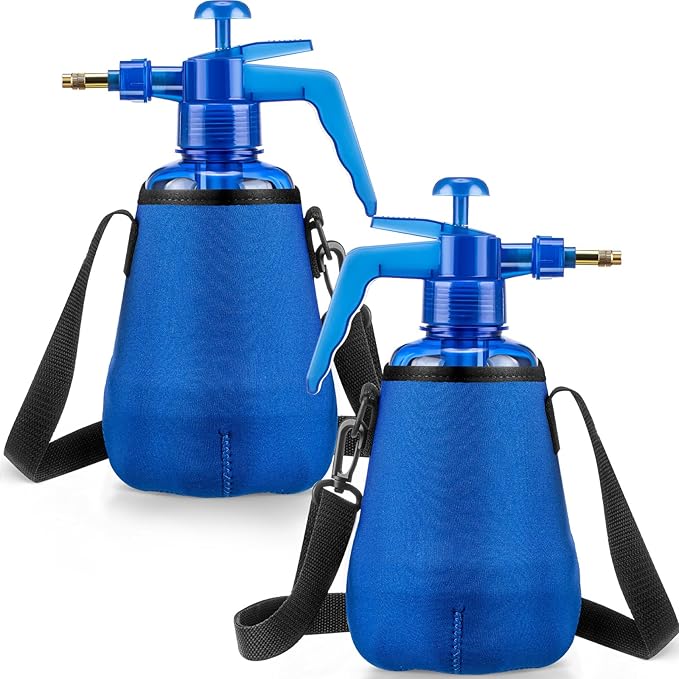 Teenyyou 2 Pcs 1.5 Liter Misters Spray Pump Bottle with Full Neoprene Jacket and Built in Carrying Strap Garden Plant Mister Spray Bottle for Spring Personal Cooling Plants Watering (Blue)