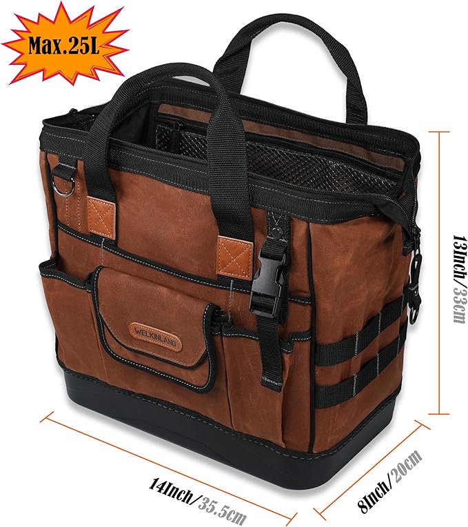WELKINLAND 22-Pockets Hard Bottom Tool Bag, 14-Inch Waxed Canvas Tools Bag, 25L Heavy Duty Electrician Bags, HVAC Service Bags, Mechanic, Technician Tool Bag