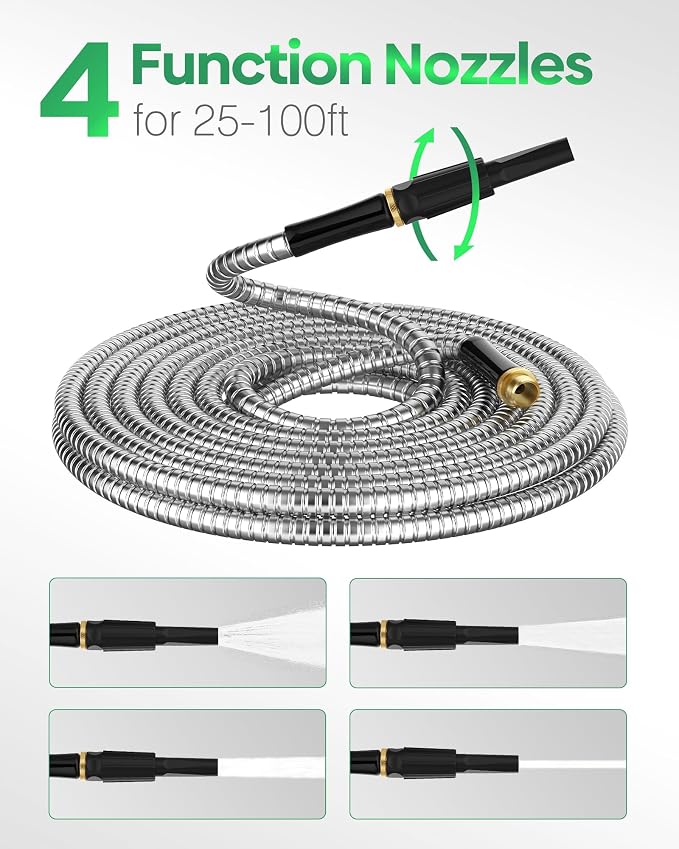 Non-Expandable Metal Garden Hose 100 Feet with Sprayer Nozzle, Flexible, No Kinking, Lightweight & Heavy Duty Water Pipe, Stainless Steel Outdoor Water Hose for Yard 100 ft, Male to Female Connector