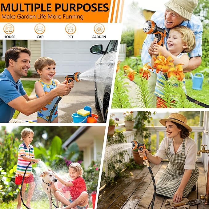 Flexible Garden Hose 75 FT, Ultra Lightweight Water Hoses w/10 Function Sprayer and 3/4" Brass Fittings, Kink-Free, Sturdy, Abrasion Resistant for Yard, Lawn, Outdoor and Gardening(Black Orange)