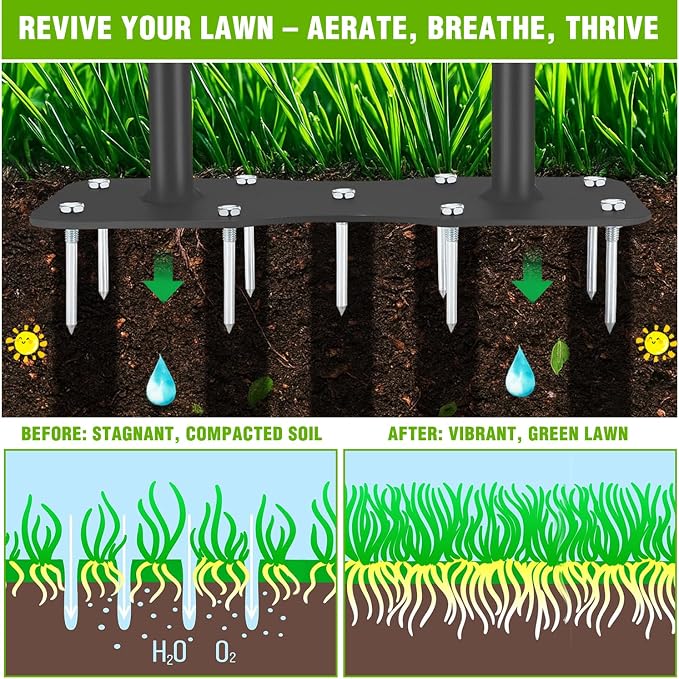 Yesker Lawn Aerator Spike Tool – Manual Metal Soil Aerator with 9 Iron Spikes, Dethatching Lawn Tool for Yard, Garden, and Lawn Aeration