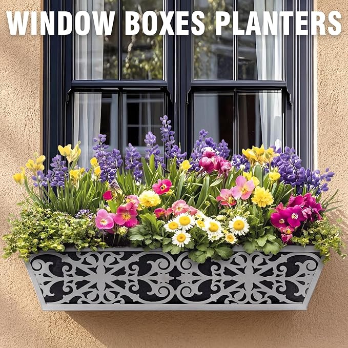 2 Pack 24 Inch Window Boxes Planter for Outdoor Plants Deck Railing Planters Box with Adjustable Brackets for Porch Fence Balcony Hanging Flower Baskets with Non-Woven Fabric Liner for Garden Decor