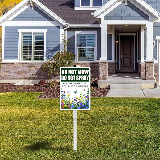 Do Not Mow Do Not Spray Wildflower and Pollinator Habitat Yard Sign With Stakes No Mow May Rustproof Reflective Aluminum Butterfly Garden Signs 8x12 inches