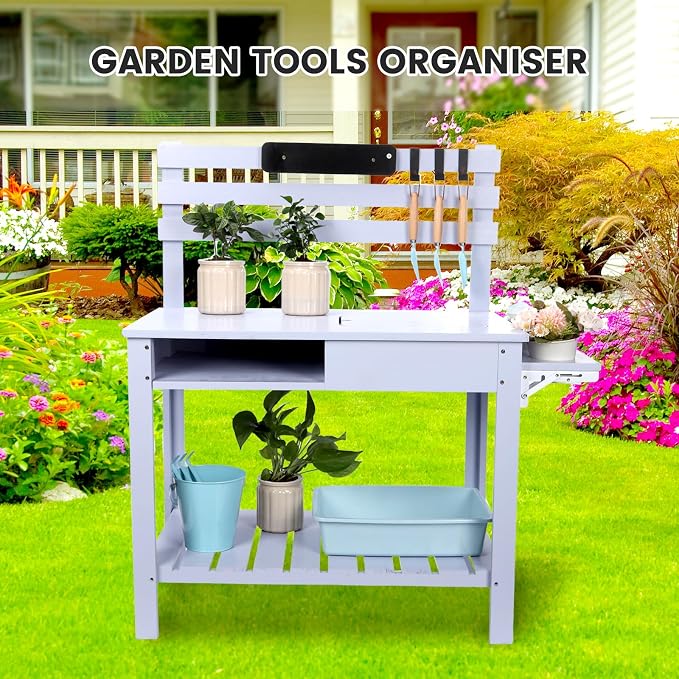 Potting Bench Outdoor Potting Table—Outdoor Kitchen for Kids, Solid Wood Garden Work Station with Sink、Hooks、3Flower Pots, Weather Proof