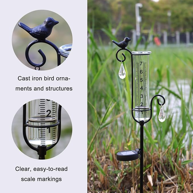 Bird Rain Gauge Outdoor with Solar Led Lights with Two Water Droplet Shaped Crystal Pendants. Bird Rain Gauge Decorative for Yard Garden Patio Lawn. Decorative Garden Yard Decor