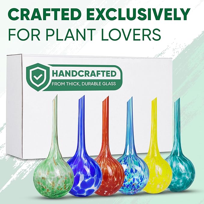 Plant Watering Globes Set of 6 – Small Glass Self Watering Bulbs for Indoor & Outdoor Plants – Multicolor Passive Watering Devices for Short-Term Soil Moisture Support