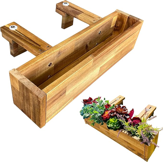 Patio Wise Acacia Wood Railing Planter Box, Outdoor Hanging Flower, Plant, & Herb Boxes, 20-Inch Wide x 5-Inch Tall x 4.5-Inch Deep Rectangular Porch, Deck, & Balcony Planters, Teak Color