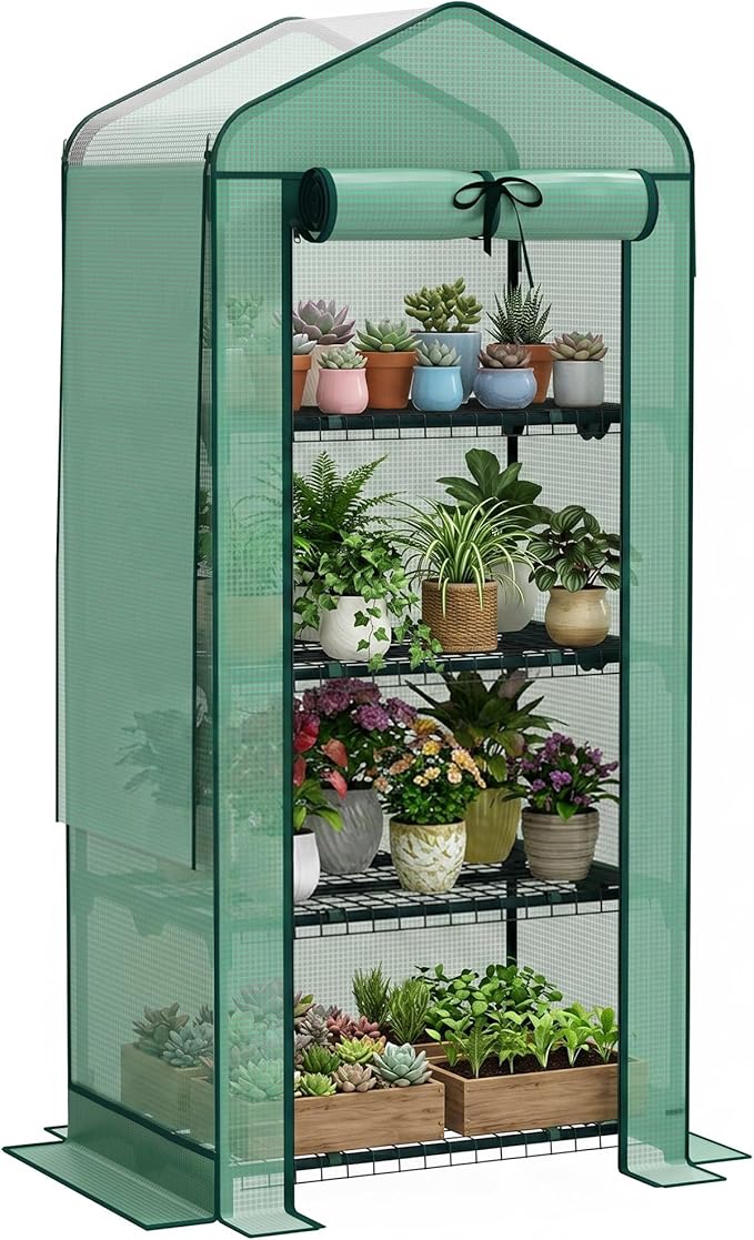 Outsunny 4 Tier Mini Greenhouse with Screen Roof, 27.6" x 19.7" x 62.2", Portable Small Greenhouse with High Strength PE Cover, Roll-Up Zipper Door for Garden Yard Backyard, Green