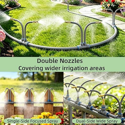66 FT Drip Irrigation System - Double-Head 360° Adjustable Garden Watering System with 40 Spray Nozzles, Garden Atomizing Misting System & Irrigation System for Garden, Greenhouse, Yard, Lawn, Plants