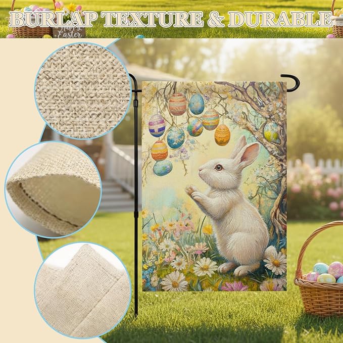 Easter Garden Flag 12x18 Inch Double Sided for Outside, Burlap Bunny Flowers Yard Flags Decor, Farmhouse Easter Floral Eggs Outdoor Holiday Decoration