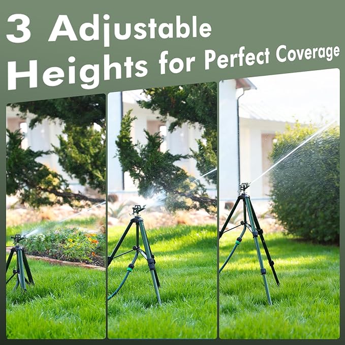 RESTMO Tripod Base Zinc Impact Sprinkler, 360° Rotating & 3-Height Adjustable Tripod, Heavy Duty Full Metal Sprinkler for Agriculture and Large Yard Irrigation