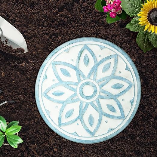 2 Pack Geometric Stepping Stones, 10” Round Cement Garden Path Stones, Mandala Mosaic Tile Design for Outdoor Patio Decor, Non-Slip & Weather-Resistant (Blue)