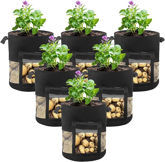 6 Pack 10 Gallon Visible Potato Grow Bags, Thickened Nonwoven Fabric Pots Potato Growing Containers with Handles & Visible Flap, Plant Grow Bags for Growing Potatoes, Tomatoes, Flowers, and Vegetables