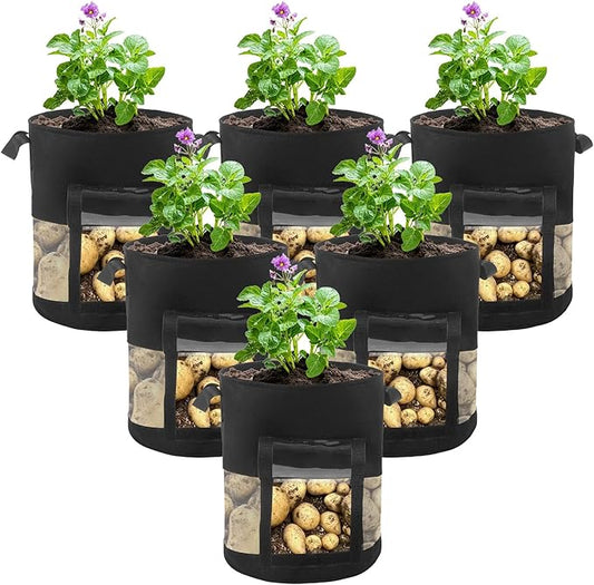 6 Pack 7 Gallon Visible Potato Grow Bags, Thickened Nonwoven Fabric Pots Potato Growing Containers with Handles & Visible Flap, Plant Grow Bags for Growing Potatoes, Tomatoes, Flowers, and Vegetables