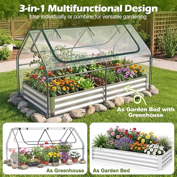 Giantex 3-in-1 Metal Raised Garden Bed with Greenhouse Cover, 6x3x3 FT Galvanized Elevated Outdoor Planter Box with Roll-Up Windows, Open Base Grow Box for Vegetables, Flowers and Herbs, Silver