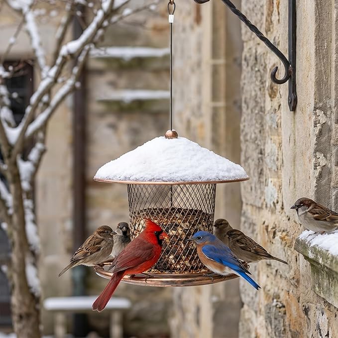 Bird Feeder, Weatherproof Wild Bird Feeders for Outdoors, Birds Feeding Station Metal Round Roof Birdfeeder for Garden Yard Outside Hanging Decor