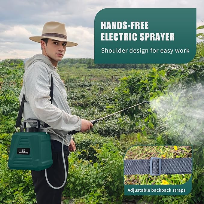 Battery Powered Sprayer 2 Gallon - Upgraded Anti-Bend Hose Electric Garden Sprayer, Rechargeable Pump Sprayer with 3 Mist Nozzles, Retractable Wand, Adjustable Strap for Lawn, Plant Watering (Green)