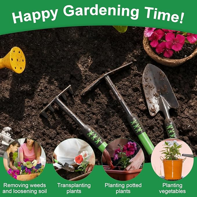 Garden Shovel, 3 Pack Lightweight Heavy Duty Spade Shovel, Garden Tools and Hand Rake with Soft Rubber Non-Slip Handle, for Gardenging Planting Weeding Digging, Green ﻿