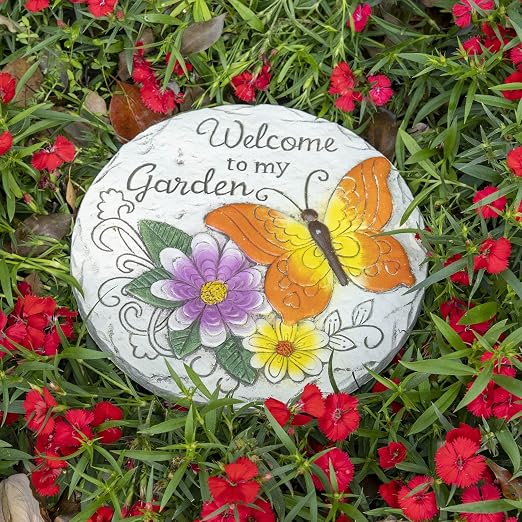 Garden Stepping Stones Outdoor Butterfly Step Stones for Walkway Gardening Gifts Welcome to My Garden Decorative Round Concrete Stones for Yard Outside Stone