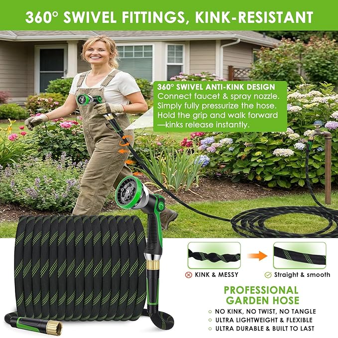 Garden Hose 25 ft, Non-Expandable Ultra-Lightweight Flexible Hose with 360° Dual-End Anti-Kink Design, 10-Pattern Spray Nozzle, 500 PSI Leak-Proof, 96-Strand Braided Fabric, Storage Strap