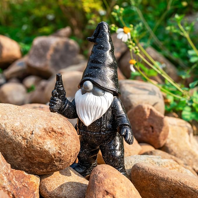 6.8" Funny Garden Gnome Statues with Gun Naughty Black Gnome Mini Gnome Figurine Patio Lawn Yard Decoration for Home Outdoor Christmas Birthday Gardening Gift