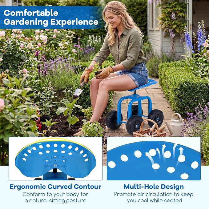 IRONMAX Garden Cart with Seat, Gardening Rolling Stool Scooter with Wheels & Ergonomic Seat for Planting, Wheeled Outdoor Gardening Work Seat for Patio, Yard, Garden (Blue)
