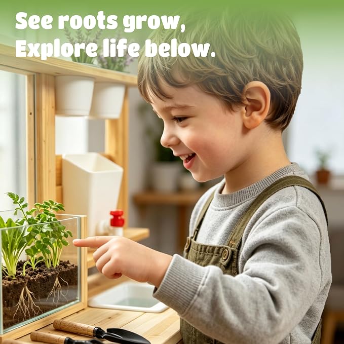 Beipoo Kids Potting Bench with Clearview Planter, Outdoor Mud Kitchen for Kids, Wooden Garden Station with Faucet, Chalkboard, Sink, Plant Pots, Cooking & Planting Toy for Toddler Boys Girls Ages 3+