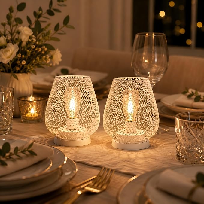 JHY DESIGN Set of 2 Metal Cage LED Lanterns Battery Powered Cordless Accent Light with LED Great for Weddings Parties Patio Events for Indoors Outdoors(White)