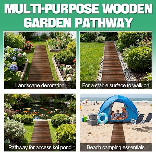 8.2ft Wooden Garden Pathway - Weather Resistant Carbonized Pine Roll Out Decorative Walkway, Boardwalk Pathway Pavers for Outside Stepping Stones Outdoor Flooring Patio Pool Backyard (Brown)