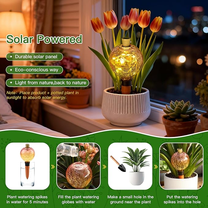 SAVENNA Crackle Glass Plant Watering Globe with Terracotta Spike,Self-Watering Irrigation for Potted Plants, with Solar Accent Light for Indoor & Outdoor Décor, 17oz, Yellow–Pink Gradient