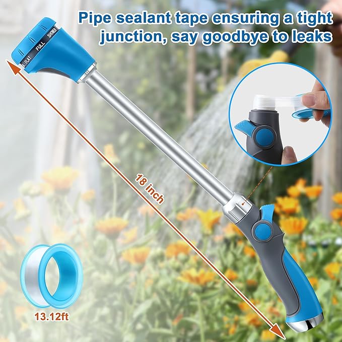 Saillong 18" Watering Wand for Garden Hose Heavy Duty, Metal Garden Hose Wand Sprayer with Thumb Control & 8 Spray Patterns, Hose Nozzle Wand for Lawn Plants Hanging Baskets, Pipe Tape Included