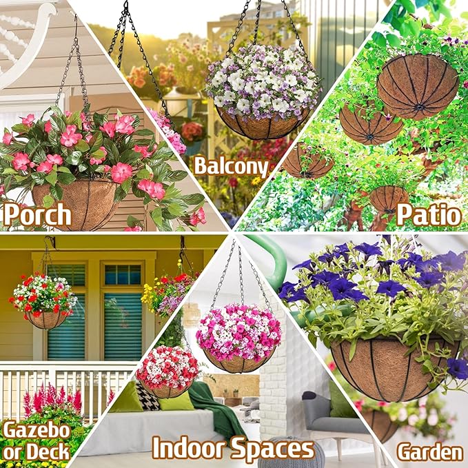 ZeeDix 3 Pack 12 Inch Outdoor Hanging Baskets, Metal Wire Hanging Planters with Coconut Liners, Round Hanging Baskets for Plants Flowers Ferns Home Garden Porch Balcony Railings Decor