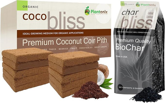 Coco Coir 250gm Bricks (10-Pack) + Char Bliss (8 Qts) - Organic Coco Coir Bricks & Biochar for Plants - Coconut Coir for Plants - Biochar Soil Amendment - Charcoal for Plants - Garden Soil Potting Mix