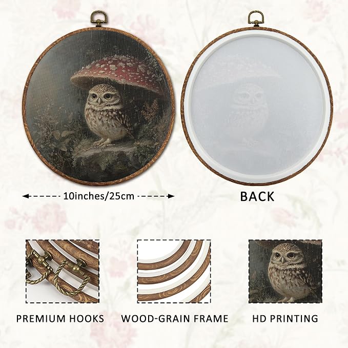 DOFQZ Cottagecore Mushroom Owl Round Wall Art Decor, Dark Academia Nature Owl Framed Wall Art, Whimsical Moody Bird Canvas Wall Hanging Decor for Home Bedroom Living Room, 10x10