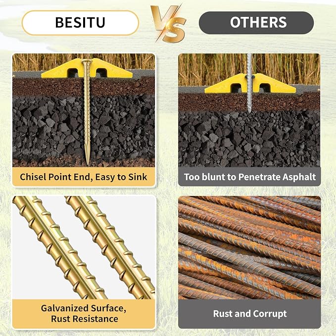 Besitu 16 Inch Rebar Stakes 1/2 Inch Diameter Galvanized Steel Ground Anchors Heavy Duty Anchoring Spikes for Speed Bump, Parking Curb and Tent (10 Pack)