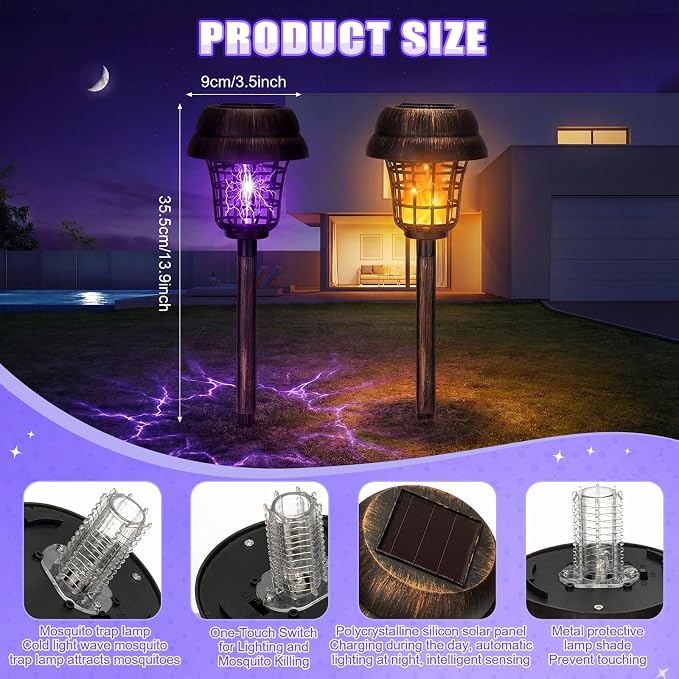 Qualirey 12 Pcs Solar Mosquito Zapper Outdoor Waterproof Solar Powered Bug Zapper Outdoor Mosquito Killer Lamp Trap Repellent Light for Garden Yard Insect (Purple and Flame Light,Bronze)
