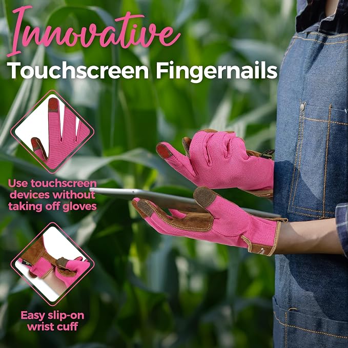 HANDLANDY Gardening Gloves for Women, Breathable Ladies Leather Garden Yard Gloves Best Gift for Gardeners