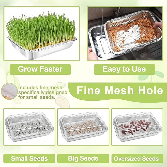 Stainless Steel Sprouts Growing Kit 2-Tier 12.4 inch Trays with Acrylic lid, Microgreens Growing Kit, Seed Sprouting Tray with Encrypted Mesh and lid Sprouts for Beans Alfalfa