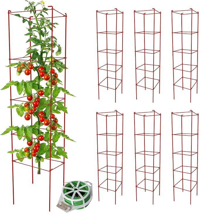Thealyn Tomato Cages 6 Packs 57 Inches (H) Plant Stand with 164 Feet Twist Ties, Heavy Duty Garden Plants Support for Tomatoes, Cucumber, and Other Climbing Plants (Red)