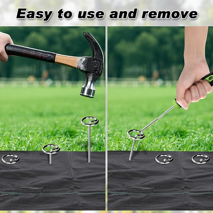 FEED GARDEN Heavy Duty Landscape Fabric Pins 8 Gauge 60 Pack with Pick Hook, 6 Inch Galvanized Round Head Garden Stakes for Weed Barrier Fabric, Turf, Sod, Tent, Garden Edging & Hard Soil