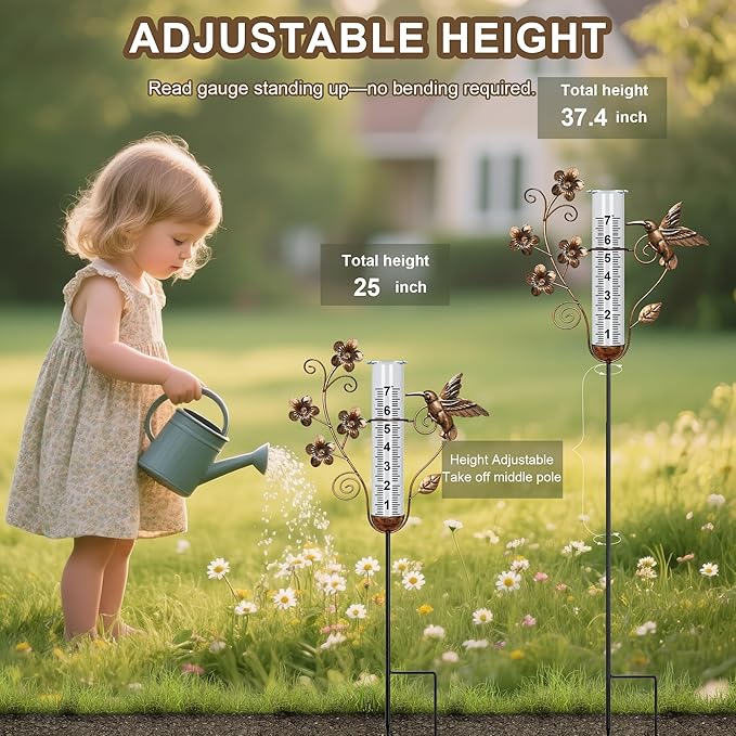 Rain Gauge Outdoor - 35" Large Hummingbird Decorative Rain Gauges Feezeproof, Metal Flower Water Gauge for Rain for Garden Yard Decor