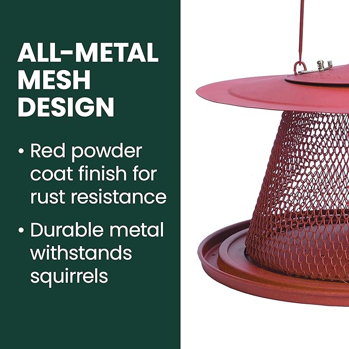 Perky-Pet Red Cardinal Wild Bird Feeder - 2.5 lb Seed Capacity, Holds Up to 15 Birds Simultaneously, Metal Hanging Feeder for Outdoors, Collapsible Mesh Design, Built-In Hook & Circular Tray, C00322