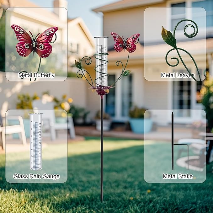 Butterfly Rain Gauge Outdoor Metal Rain Gauge Decorative with Stake Waterproof 8 Inch Rain Measure Gaugefor Yard Garden Patio Lawn