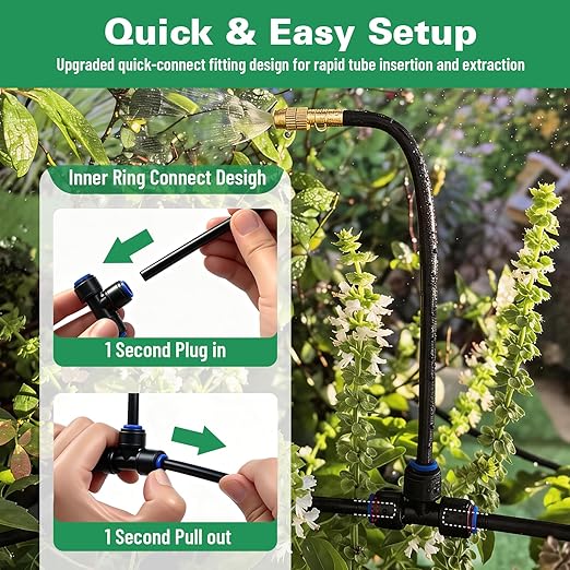Riboud 110Ft Drip Irrigation System, 2026-Upgrade Garden Watering Kit with 16 Adjustable Copper Rotating Arm Nozzles, 360° Flexible Spray Irrigation Kit for Raised Beds, Lawn, Greenhouse