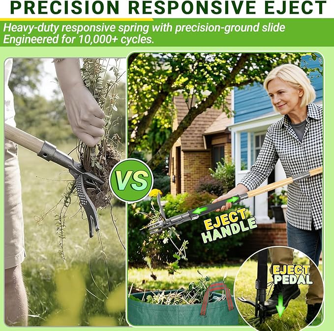 Weed Puller Tool, Heavy Duty Gardening Hand Tools with 4-Claw Steel Head & Dual-Eject Mechanism, 57.5" Bamboo Long Handle Stand Up Weeding Tool for Lawn Yard, Includes 16 Gallon Leaf Bag | 4-Claw Steel Head,Dual-Eject Mechanism,57.5" long handle