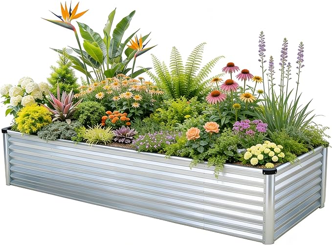 GrowHaus 8x4x2FT Galvanized Raised Garden Bed, Planter Boxes Outdoor Large Metal Garden Beds for Planting Vegetables Flowers Herbs Rectangle Silver