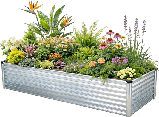 GrowHaus 8x4x2FT Galvanized Raised Garden Bed, Planter Boxes Outdoor Large Metal Garden Beds for Planting Vegetables Flowers Herbs Rectangle Silver