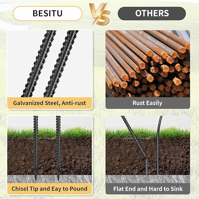 Besitu Rebar Stakes 48 inches 16-Pack Concrete Form Stakes Straight 3/8" Diameter Rebar Ground Metal Stakes for Landscaping, Securing Fence, Garden Plants Support, Survey Markers and Securing Trees