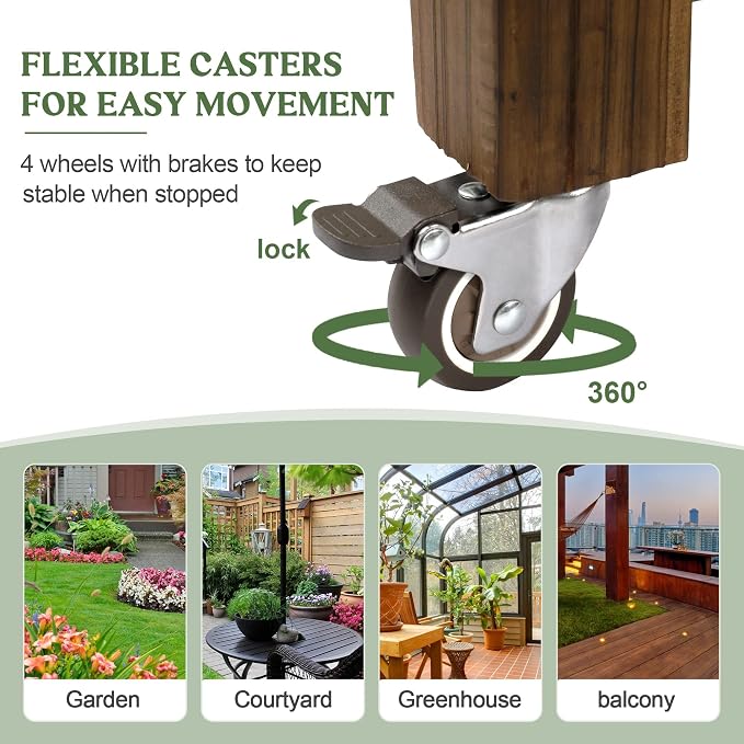 OIPRTGFJ Cedar Wood Outdoor Raised Garden Bed Planter Box with Locking Wheels, 41x21x20 inch, Carbonization Color